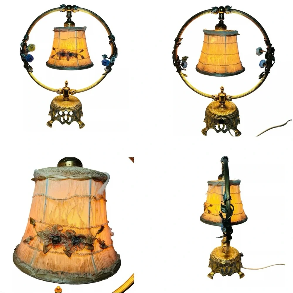 Vintage French‎ Ormolu Porcelain Flowers Tole Toleware Boudoir Gold Circle Lamp